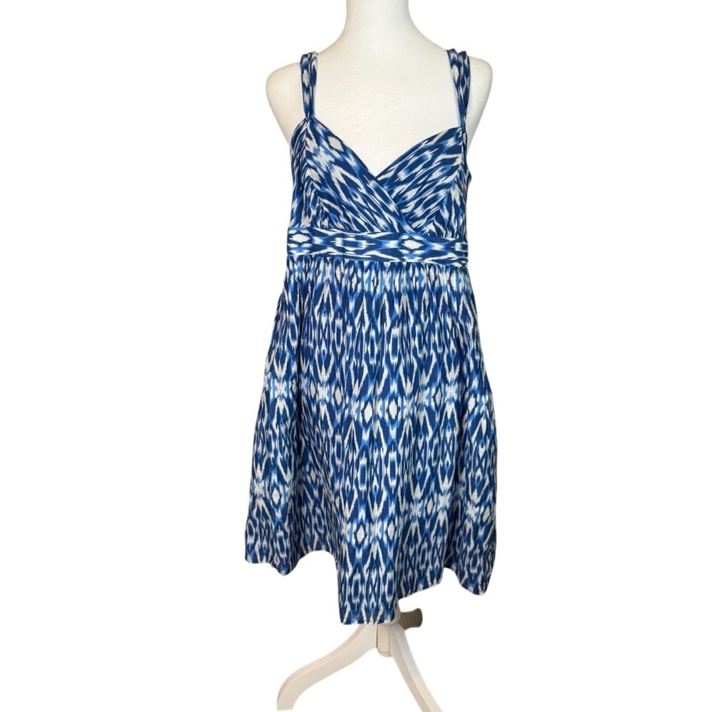 ANN TAYLOR LOFT Blue White Halter Fit & Flare Dress Size 10 Southwestern Aztec‎